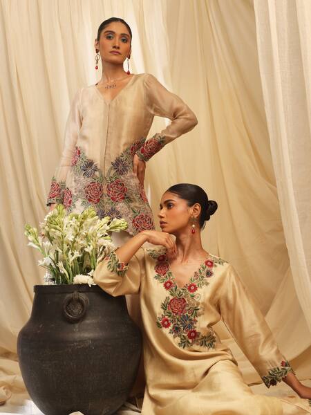 Ekru_Gold Chanderi, Bamboo Embroidery V-neck Botanic Cluster Kurta Set_at_Aza_Fashions