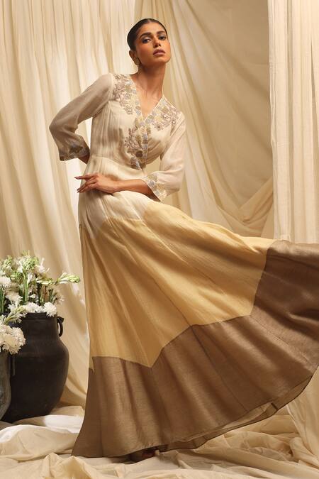 Ekru_Ivory Silk, Chanderi Embroidery V-neck Sunset Grove Maxi Dress_Online_at_Aza_Fashions
