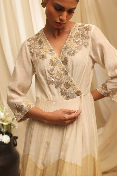 Buy_Ekru_Ivory Silk, Chanderi Embroidery V-neck Sunset Grove Maxi Dress_Online_at_Aza_Fashions