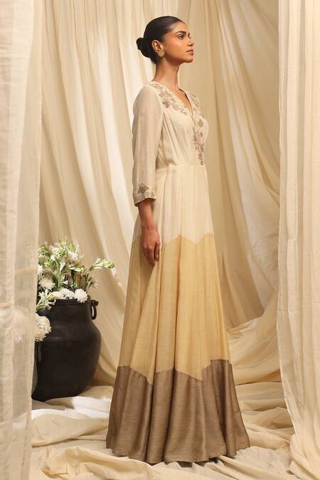 Shop_Ekru_Ivory Silk, Chanderi Embroidery V-neck Sunset Grove Maxi Dress_Online_at_Aza_Fashions
