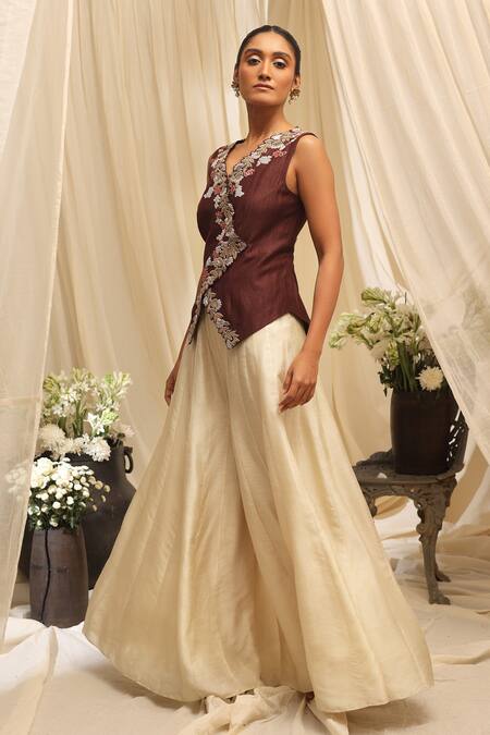 Ekru_Brown Silk, Linen, Satin Embroidery V-neck Golden Foliage Waistcoat Set_Online_at_Aza_Fashions