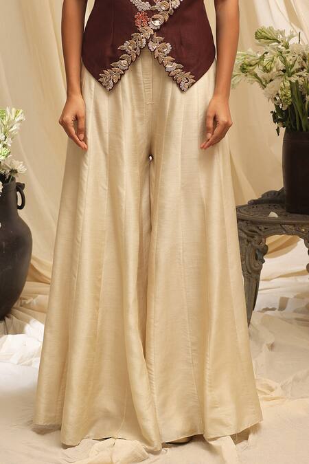 Buy_Ekru_Brown Silk, Linen, Satin Embroidery V-neck Golden Foliage Waistcoat Set_Online_at_Aza_Fashions