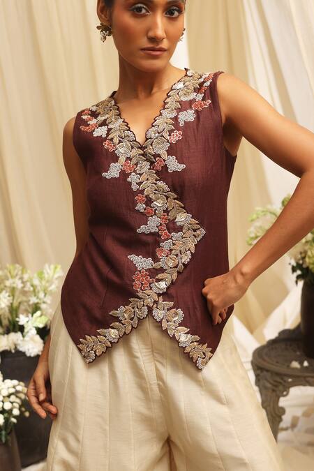 Shop_Ekru_Brown Silk, Linen, Satin Embroidery V-neck Golden Foliage Waistcoat Set_Online_at_Aza_Fashions