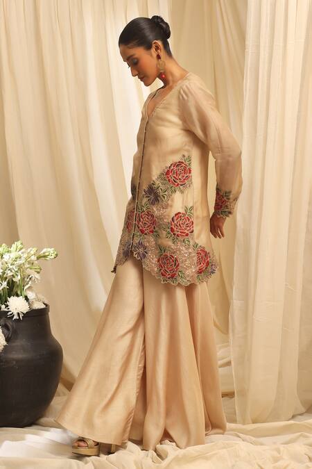 Buy_Ekru_Beige Organza, Bamboo, Taffeta Embroidery V-neck Jacket And Sharara Set_Online_at_Aza_Fashions