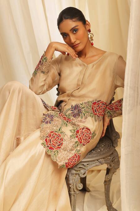 Ekru_Beige Organza, Bamboo, Taffeta Embroidery V-neck Jacket And Sharara Set_at_Aza_Fashions