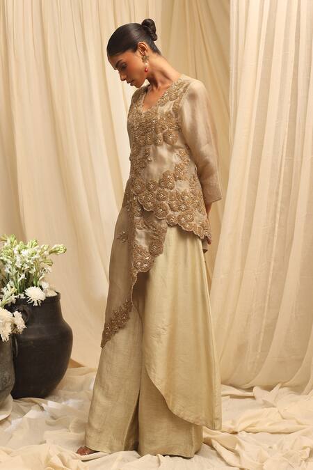 Buy_Ekru_Beige Organza, Chanderi, Linen Embroidery, Wild Flower Overlay Jacket Co-ord_Online_at_Aza_Fashions
