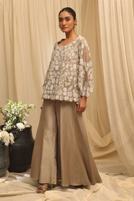 Buy_Ekru_Beige Organza, Chanderi Embroidery Round Neck Halo Bloom Tunic And Palazzo Set_Online_at_Aza_Fashions
