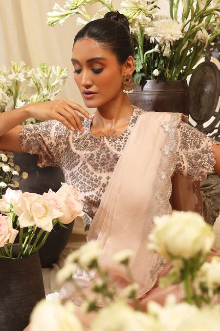 Ekru_Pink Organza, Taffeta Sequins, Embroidery Round Bloom Wave Blouse And Sharara Set_Online_at_Aza_Fashions