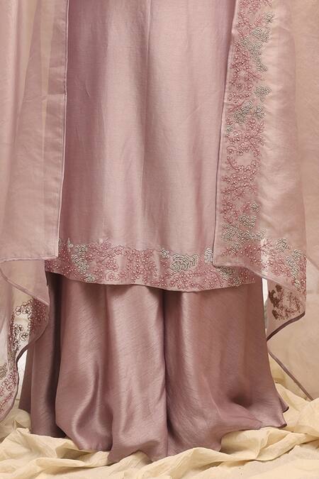 Ekru Lavender Chanderi, Silk, Organza Embroidery, Beads Round Neck Gulnaar Kurta Set Online at Aza Fashions Ekru_Lavender Chanderi, Silk, Organza Embroidery, Beads Round Neck Gulnaar Kurta Set_Online_at_Aza_Fashions