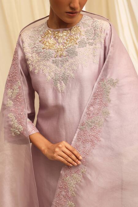 Buy_Ekru_Lavender Chanderi, Silk, Organza Embroidery, Beads Round Neck Gulnaar Kurta Set_Online_at_Aza_Fashions