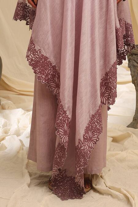 Ekru_Lavender , Handloom Lace Round Neck Petal Form Drape Set_Online_at_Aza_Fashions