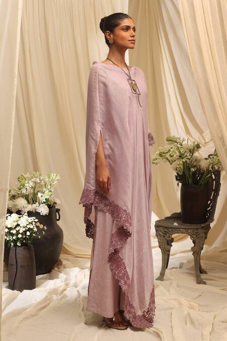 Buy_Ekru_Lavender , Handloom Lace Round Neck Petal Form Drape Set_Online_at_Aza_Fashions