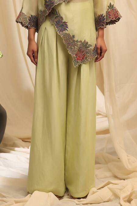 Buy_Ekru_Mint Organza, Linen Embroidery V-neck Floral Cascade Overlay Jacket And Pant Set_Online_at_Aza_Fashions