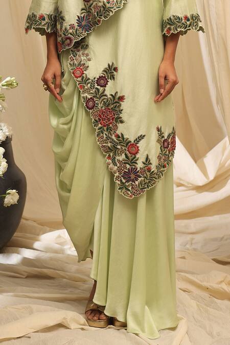 Ekru_Mint Chanderi, Modal Embroidery Round Geoflora Overlay Jacket And Drape Skirt Set_Online_at_Aza_Fashions