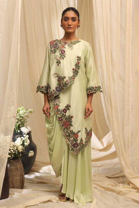 Ekru Mint Chanderi, Modal Embroidery Round Geoflora Overlay Jacket And Drape Skirt Set 