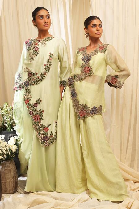 Buy_Ekru_Mint Chanderi, Modal Embroidery Round Geoflora Overlay Jacket And Drape Skirt Set_Online_at_Aza_Fashions