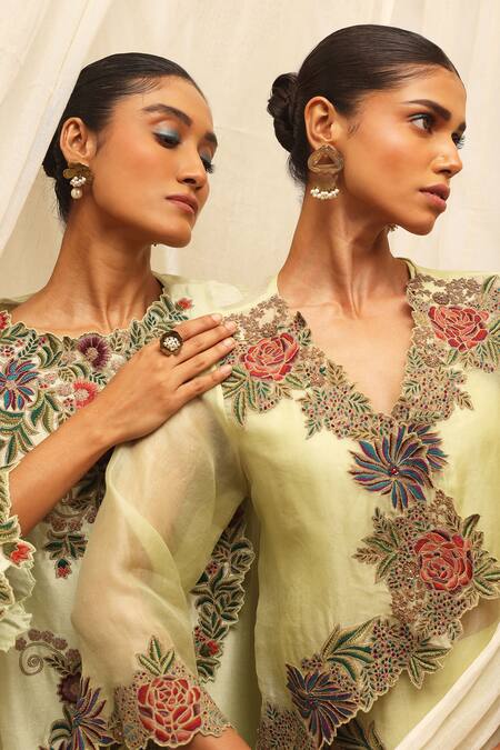 Ekru_Mint Chanderi, Modal Embroidery Round Geoflora Overlay Jacket And Drape Skirt Set_at_Aza_Fashions