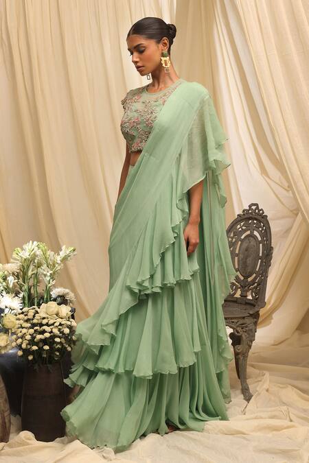 Ekru_Green Chiffon, Net, Taffeta Embroidery Round Neck Aqua Wave Pre-draped Saree Set_Online_at_Aza_Fashions