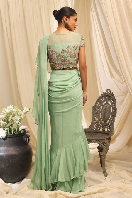 Shop_Ekru_Green Chiffon, Net, Taffeta Embroidery Round Neck Aqua Wave Pre-draped Saree Set_at_Aza_Fashions