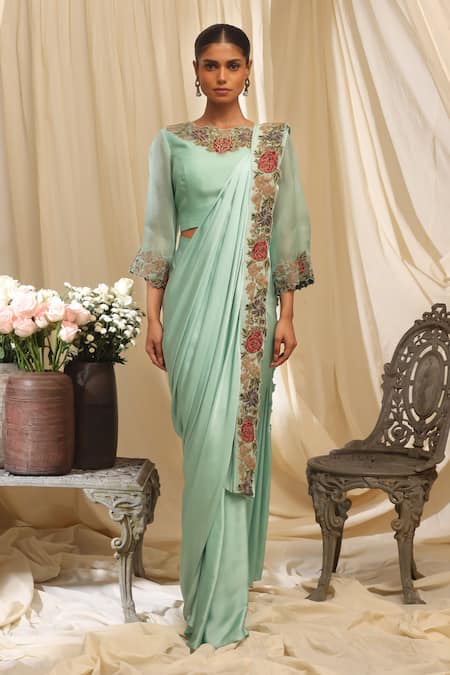 Ekru Green Modal, Satin, Organza, Chanderi, Silk Rose Crest Pre-draped Saree Set 