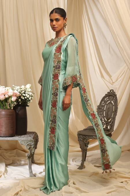 Buy_Ekru_Green Modal, Satin, Organza, Chanderi, Silk Rose Crest Pre-draped Saree Set_Online_at_Aza_Fashions