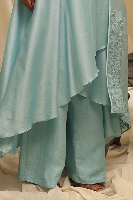 Ekru_Sky Blue Chanderi, Linen, Organza Sequins, Embroidery Golden Serenity Kurta Set_Online_at_Aza_Fashions