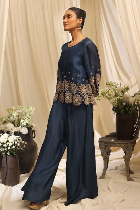 Buy_Ekru_Navy Organza, Linen Embroidery Round Neck Golden Circle Co-ord Set_Online_at_Aza_Fashions