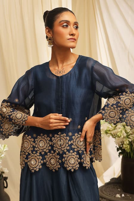 Shop_Ekru_Navy Organza, Linen Embroidery Round Neck Golden Circle Co-ord Set_Online_at_Aza_Fashions