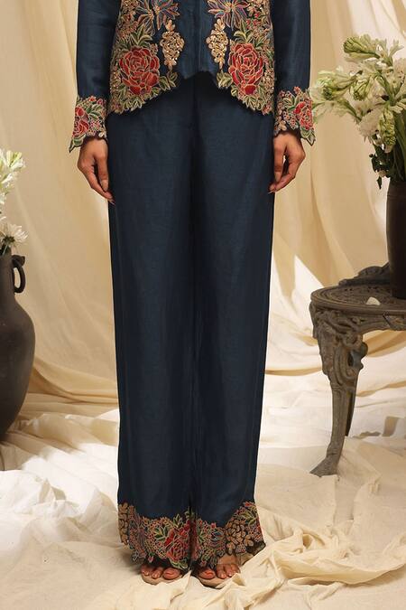 Ekru_Navy Linen, Satin, Organza Embroidery Botanic Bloom Co-ord Set_Online_at_Aza_Fashions