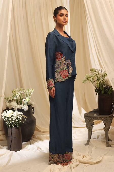 Buy_Ekru_Navy Linen, Satin, Organza Embroidery Botanic Bloom Co-ord Set_Online_at_Aza_Fashions