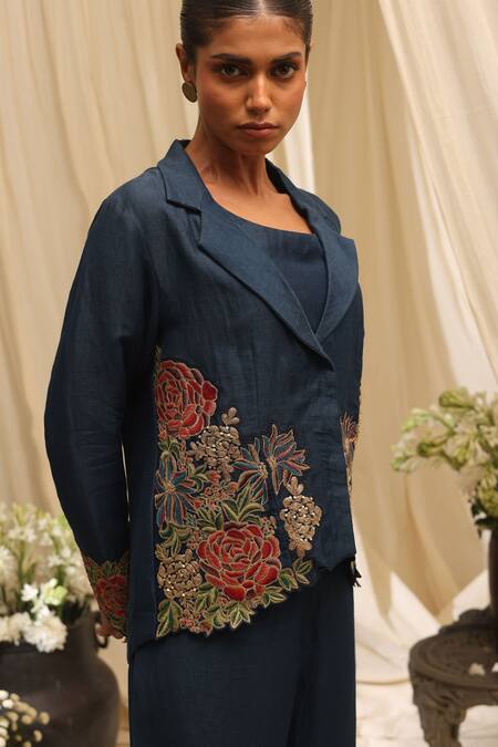 Shop_Ekru_Navy Linen, Satin, Organza Embroidery Botanic Bloom Co-ord Set_Online_at_Aza_Fashions