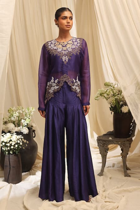 Ekru Purple Organza, Silk, Bamboo Embroidery Round Neck Jacket And Pant Set 