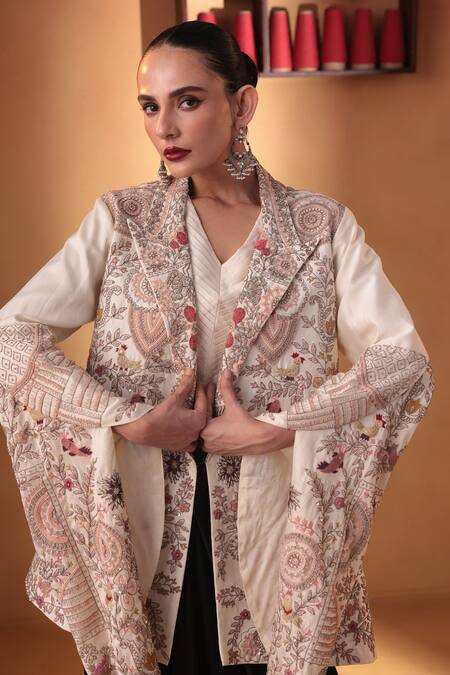 Ekru_Ivory Chanderi, Modal, Satin Embroidery Gulistan Jacket And Draped Skirt Set_Online_at_Aza_Fashions