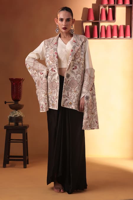 Ekru Ivory Chanderi, Modal, Satin Embroidery Gulistan Jacket And Draped Skirt Set 