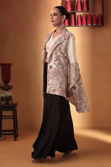 Shop_Ekru_Ivory Chanderi, Modal, Satin Embroidery Gulistan Jacket And Draped Skirt Set_Online_at_Aza_Fashions