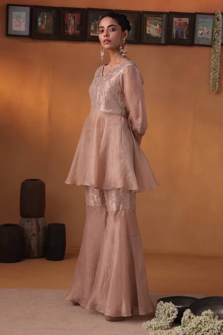 Ekru Pink Tissue, Linen, Satin Embroidery V-neck Drape Kurta Set With Pant Online at Aza Fashions Ekru_Pink Tissue, Linen, Satin Embroidery V-neck Drape Kurta Set With Pant_Online_at_Aza_Fashions