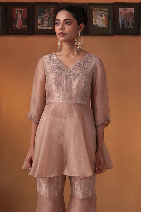 Buy Ekru Pink Tissue, Linen, Satin Embroidery V-neck Drape Kurta Set With Pant Online at Aza Fashions Buy_Ekru_Pink Tissue, Linen, Satin Embroidery V-neck Drape Kurta Set With Pant_Online_at_Aza_Fashions