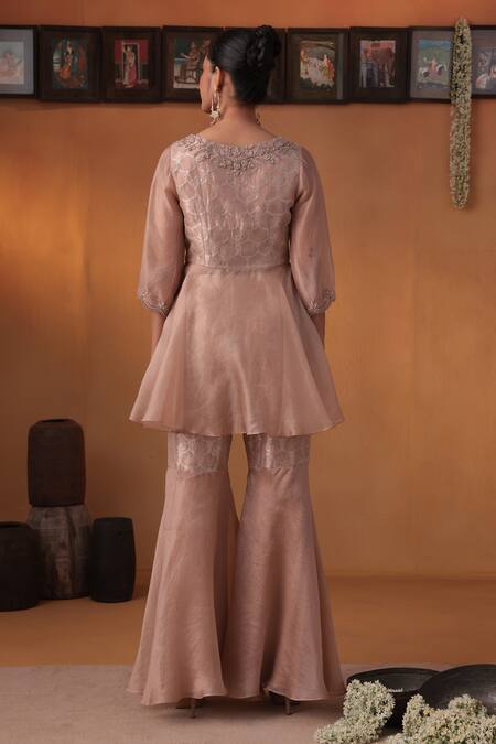 Shop Ekru Pink Tissue, Linen, Satin Embroidery V-neck Drape Kurta Set With Pant at Aza Fashions Shop_Ekru_Pink Tissue, Linen, Satin Embroidery V-neck Drape Kurta Set With Pant_at_Aza_Fashions