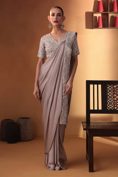 Ekru Beige Modal, Brocade, Silk Tassels V-neck Oyestre Noorani Pre-draped Saree Set 