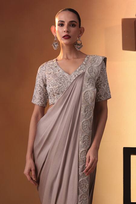 Ekru Beige Modal, Brocade, Silk Tassels V-neck Oyestre Noorani Pre-draped Saree Set Online at Aza Fashions Ekru_Beige Modal, Brocade, Silk Tassels V-neck Oyestre Noorani Pre-draped Saree Set_Online_at_Aza_Fashions