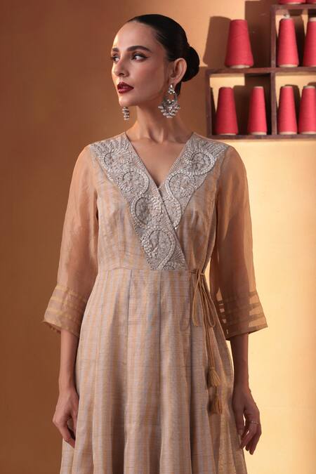Buy_Ekru_Gold Organza, Tissue Embroidery V-neck Designer Amara Anarkali Set_Online_at_Aza_Fashions