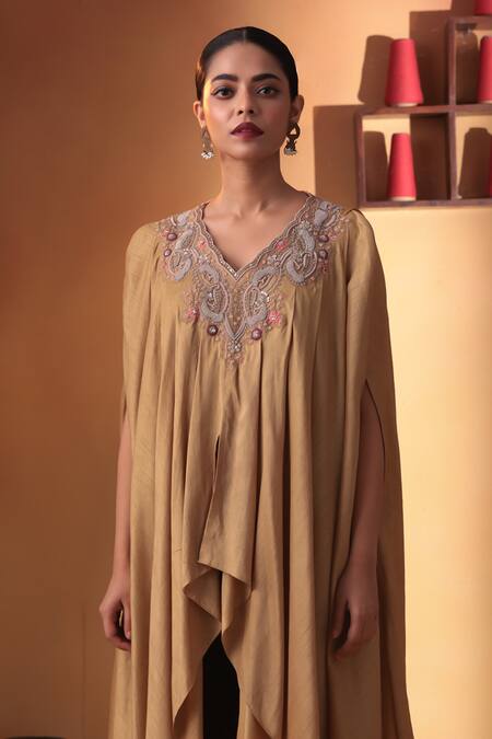 Ekru_Gold Linen, Silk Shaam-e-noor Cape And Cigarette Pant Set_Online_at_Aza_Fashions