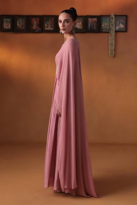Ekru_Pink Chanderi, Georgette Round Neck Aab-e-bahar Gown_Online_at_Aza_Fashions