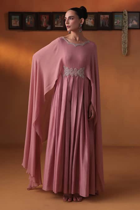 Ekru Pink Chanderi, Georgette Round Neck Aab-e-bahar Gown 