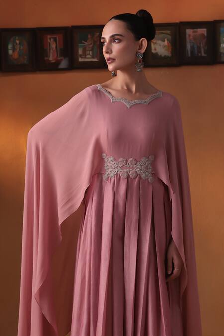 Buy_Ekru_Pink Chanderi, Georgette Round Neck Aab-e-bahar Gown_Online_at_Aza_Fashions