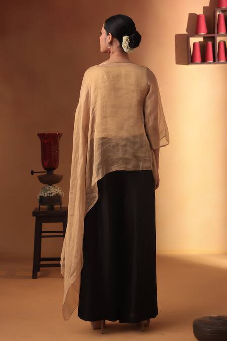 Shop Ekru Gold Tissue, Linen Embroidery V-neck And Black Draped Top With Palazzo at Aza Fashions Shop_Ekru_Gold Tissue, Linen Embroidery V-neck And Black Draped Top With Palazzo_at_Aza_Fashions