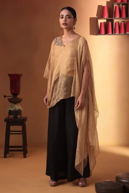 Ekru Gold Tissue, Linen Embroidery V-neck And Black Draped Top With Palazzo 