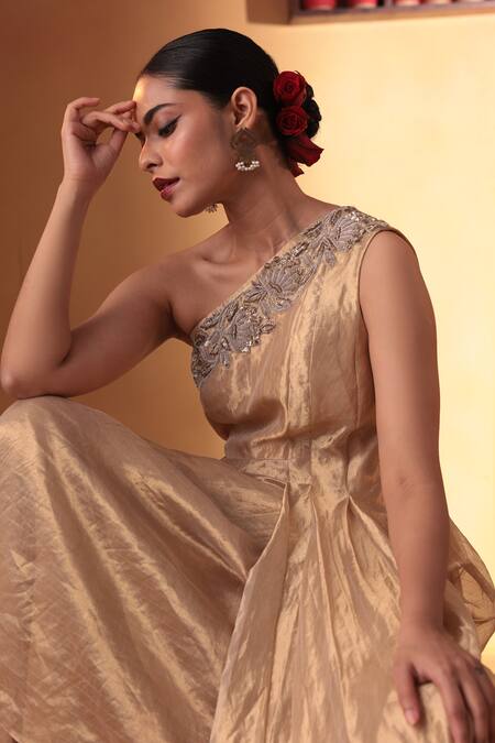 Ekru_Gold Tissue, Linen Embroidery One Shoulder Elysian Drape Gown_Online_at_Aza_Fashions