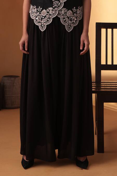 Ekru_Black Silk Embroidery V-neck Zarqaa Waistcoat And Palazzo Set_Online_at_Aza_Fashions