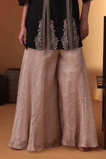 Ekru_Black Linen, Satin, Tissue Embroidery V-neck Ziyaan Jacket And Sharara Set_Online_at_Aza_Fashions